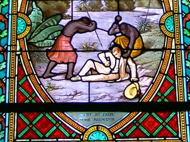 Vitrail de l'église de Balade, mort du père Blaise Marmoiton